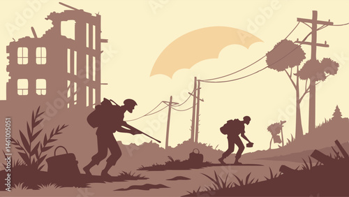 Brown Silhouette Illustration Soldiers Patrolling Ruined City Landscape War Zone with Power Lines and Sun