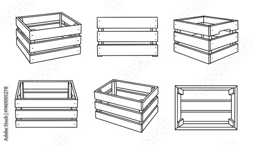 Collection of empty wooden crates on white storage boxes