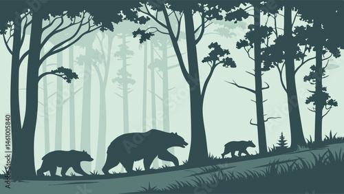 Wildlife Nature Illustration Bear Family Silhouette Mother Bear and Two Cubs Walking Through a Misty Forest Landscape