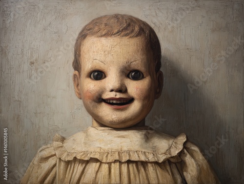 Close-up portrait of a creepy antique doll.