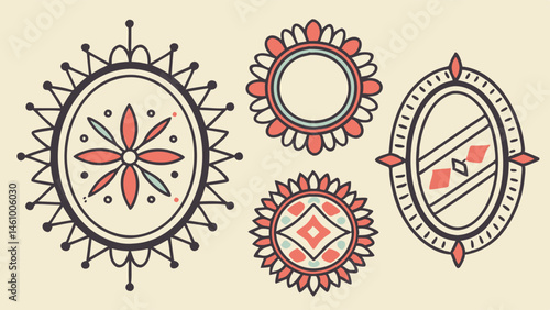 Folk Art Decorative Ornaments Set Tribal Ethnic Geometric Floral Patterns Coral Blue Beige Illustration
