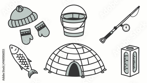 Winter Ice Fishing Gear and Supplies Simple Black White Illustration Igloo Fish Hat Mittens Bucket Rod Thermometer