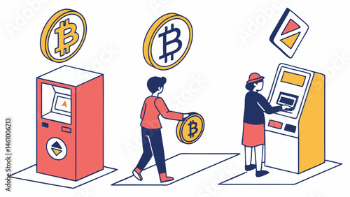 Flat isometric illustration of people depositing Bitcoin and using cryptocurrency ATMs for digital currency transactions