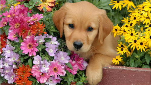 Wallpaper Mural retriever puppy playing in a sunlit garden with colorful flowers in the background Torontodigital.ca