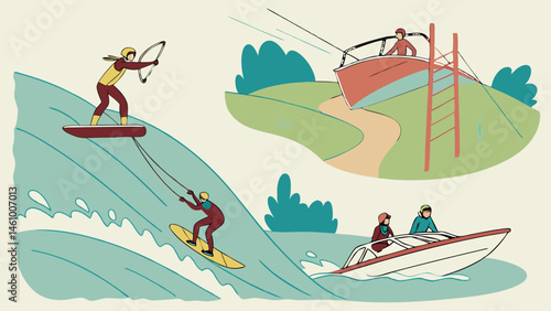 Illustrated water sports scene boating wakeboarding surfing unique wave archery boat ramp