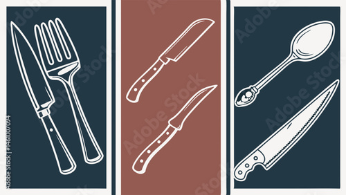 Hand-drawn Sketch Art of Vintage Kitchen Utensils Fork Knives Spoon Cutlery