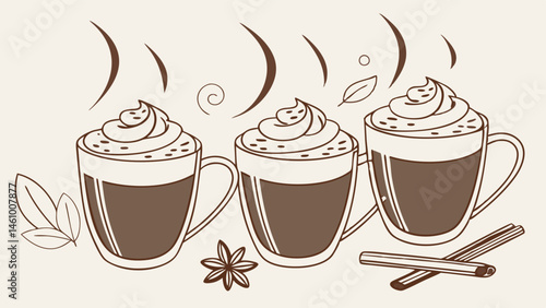 Hand-drawn sepia sketch of three cozy hot chocolate mugs with whipped cream, sprinkles, steam, cinnamon, and star anise.