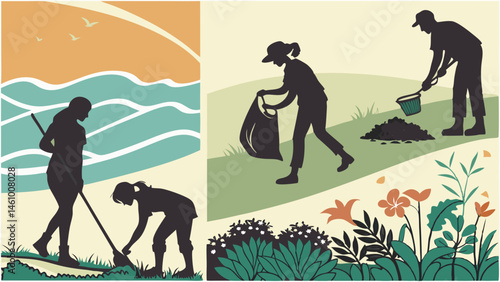 Graphic Illustration of Environmental Cleanup Volunteers Cleaning Beach and Park