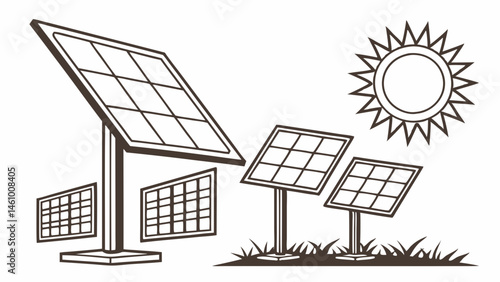 Black and White Outline Illustration of Solar Panels Harnessing Renewable Energy from the Sun