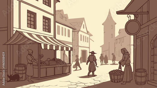 Sepia Tone Medieval Market Street Illustration Vendor Stall Customers Historical Town Scene Drawing Art