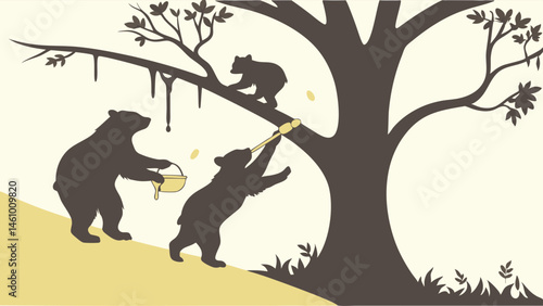 Bears Collecting Dripping Honey from Tree - Stylized Nature Silhouette Illustration