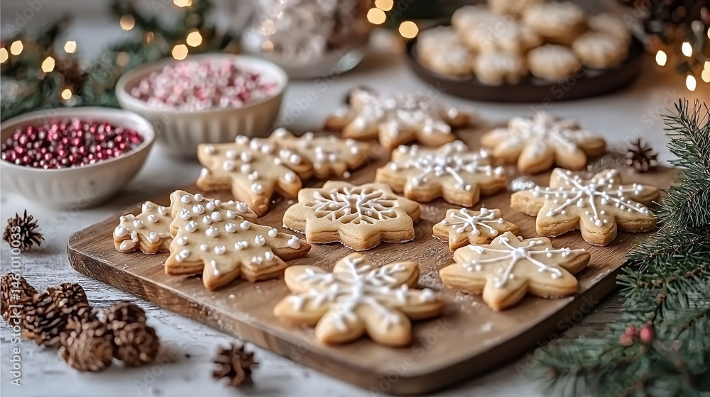 Christmas cookies arranged on a wooden board, decorated with icing and sprinkles. Festive holiday treats Christmas cookies arranged on a wooden board, decorated with icing and sprinkles. Festive holiday treats