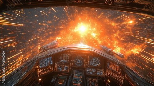 Warp speed star trails seen from a spaceship cockpit, ultra-realistic.,generative ai illustration