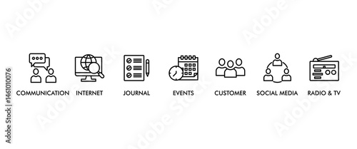Public relations  banner web icon vector illustration concept with icon of communication, internet, journal, events, radio, tv, social media, and customer