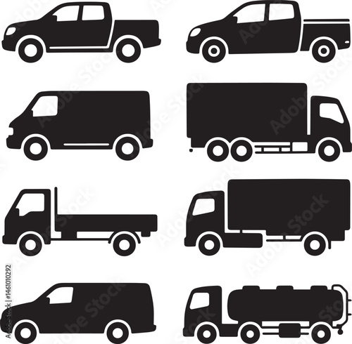 Silhouette Set of Commercial and Utility Vehicles Icons – Pickup, Van, Truck, Tanke