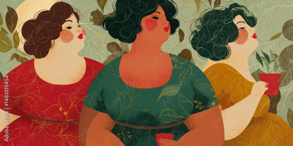Fototapeta premium Three women in vintage-inspired attire.