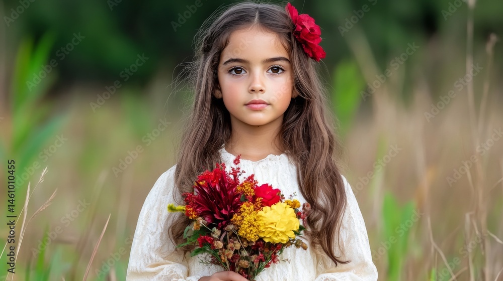 Fototapeta premium Young girl holding a bouquet of colorful flowers in a field