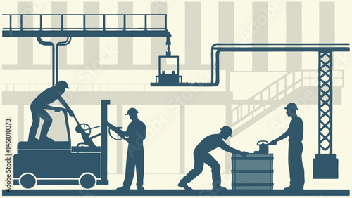 Industrial Factory Production Line Workers Operating Machinery Silhouette Vector Illustration