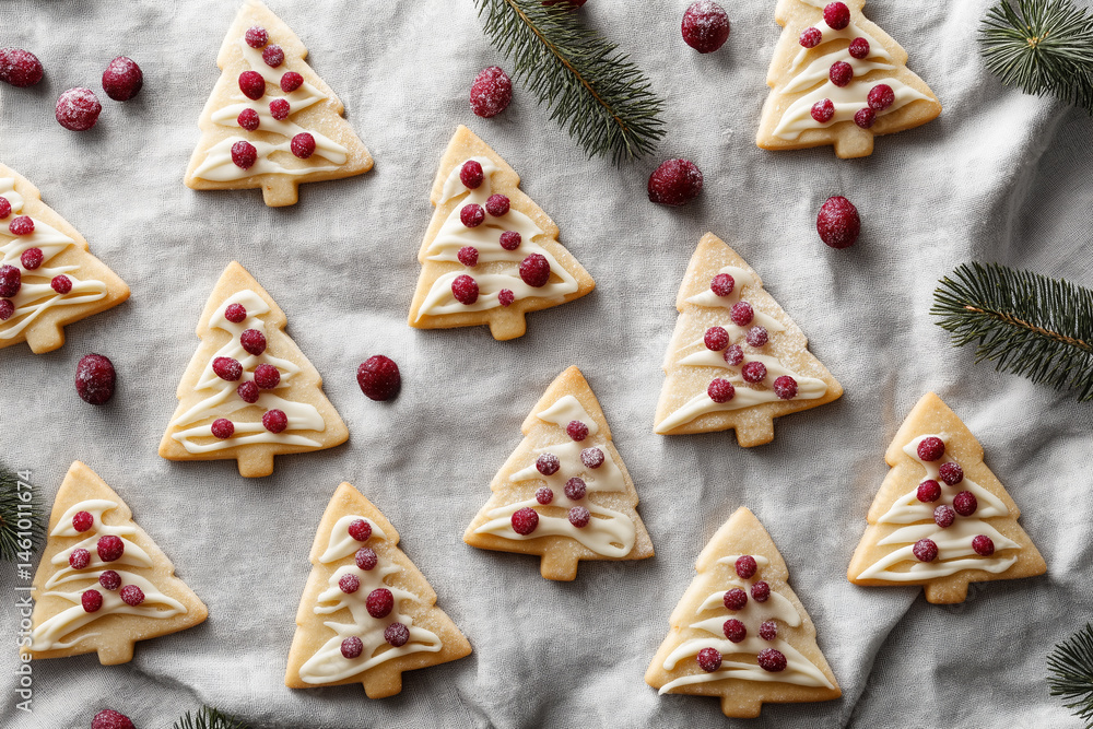 Fototapeta premium Festive holiday cookies shaped like Christmas trees with cranberry and cream frosting on a linen tablecloth