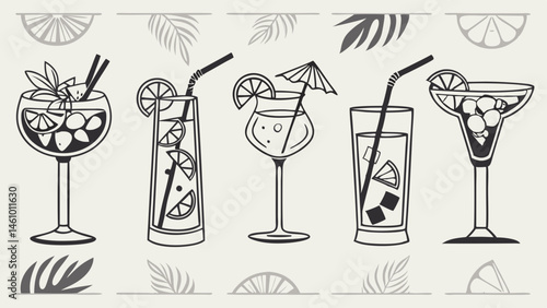 Black and White Line Art Set of Tropical Cocktails in Various Glasses