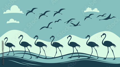 Walking Flamingos and Flying Birds Blue Silhouette Nature Illustration