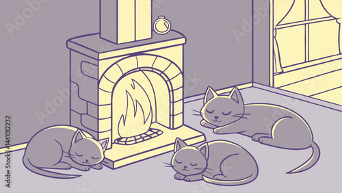 Cozy Winter Scene with Three Grey Cats Sleeping Peacefully by a Warm Fireplace Simple Line Art Illustration Perfect for Relaxation