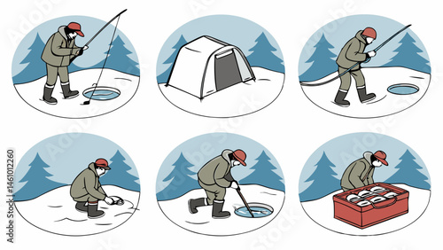 Cartoon Sequence of Winter Ice Fishing Man Setting Up Tent and Catching Fish