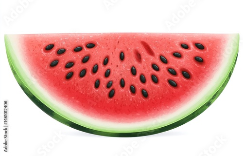 Bright and Juicy Watermelon Slice with Black Seeds and Green Rind on a White Background for Summer Freshness and Healthy Eating
