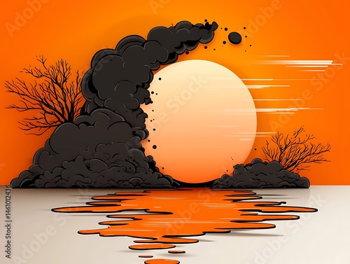 Spooky, orange sunset, smoke, and moon