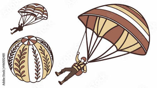 Set of Simple Graphic Illustrations Skydiving Adventure Sport Skydiver with Parachute and Packed Parachute