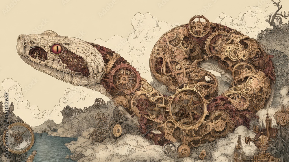 Fototapeta premium Intricate serpent design interwoven with mechanical gears.