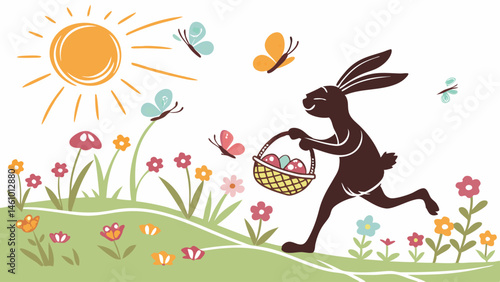 Happy Easter Bunny Running with Basket of Eggs in Sunny Spring Field with Flowers and Butterflies Illustration