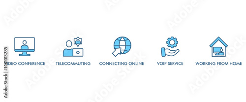 Remote working banner web icon vector illustration concept for working at home with icon of video conference, telecommuting, connecting online, voip, and working from home