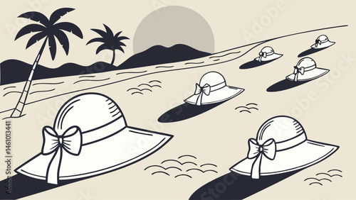 Vintage Tropical Beach Illustration with Sun Hats, Palm Trees, Ocean, and Sun