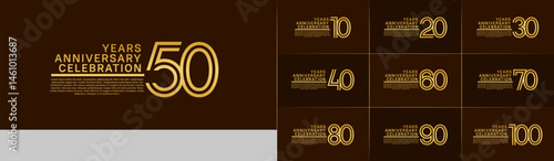 Anniversary logo set with double line number style. gold color can be use for special moment