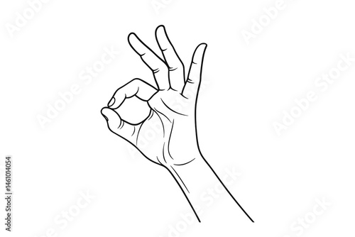 Black and white outline drawing of a hand making OK gesture