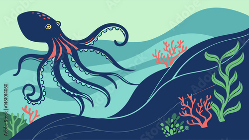 Blue Octopus Underwater Illustration Stylized Vector Art Swimming Among Coral Reef and Seaweed Plants