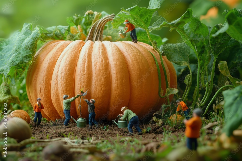 Obraz premium Tiny gardeners tending to giant pumpkin in field. Agriculture, harvest, nature care, surreal farming, teamwork, organic food, miniature world. selective focus 