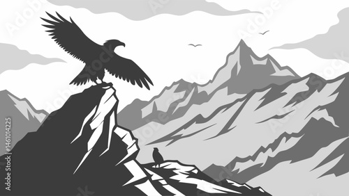 Majestic Eagle Perched on Rocky Mountain Peak - Dramatic Black and White Wilderness Illustration