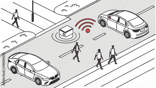 Smart Intersection Safety System V2X Communication Protecting Pedestrians Vehicles Urban Technology Isometric Line Art