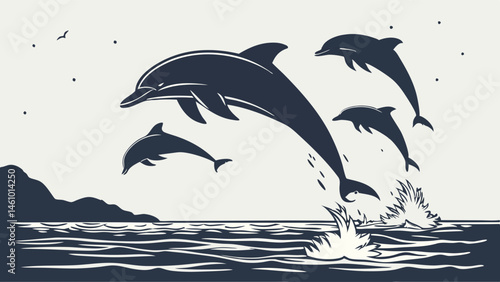 Vintage Illustration Art Dolphins Leaping from Ocean Waves Coastal Marine Life Scene