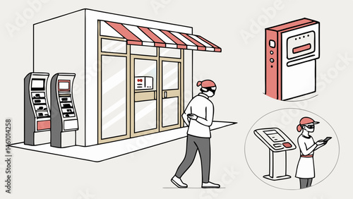 Clean Line Art Illustration of a Small Retail Store Featuring Outdoor Self Service Kiosks and Customer Interaction