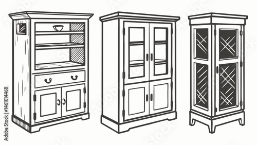 Sketch Illustration of Three Furniture Cabinets hutch china and curio styles