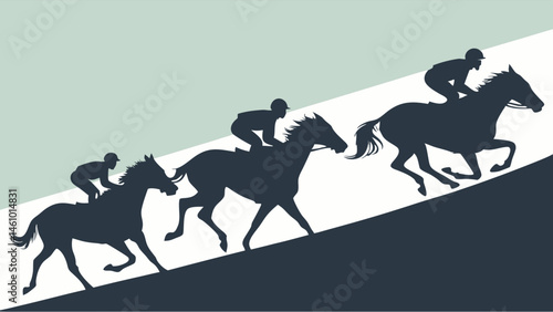 Silhouetted Horse Race Uphill Climb Flat Design Minimalist Style Jockeys Competition Graphic