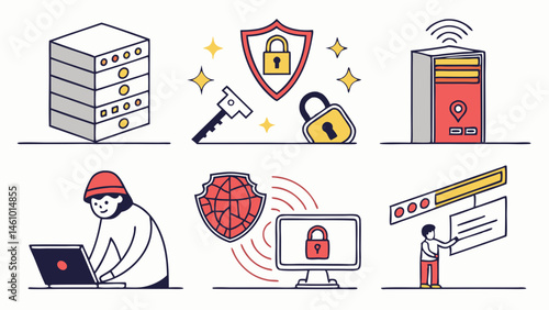 Simple Flat Line Art Cybersecurity Icons Data Protection Network Security Server Safety Online Protection Concepts