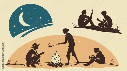 Retro Silhouette Camping Illustration Campfire Friends Talking Night Sky Moon Stars Outdoor Adventure
