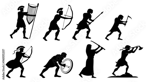 Black and White Graphic Set Ancient Warrior Silhouettes Historical Combat Poses with Weapons Shields Bows Axes Swords