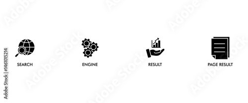 SERP banner web icon vector illustration concept for search engine result page with icon of web search, computer, search engine, mobile search, page result, and statistics graph