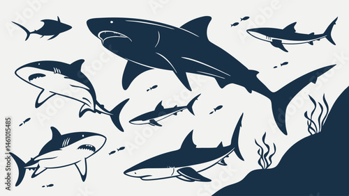 Flat Design Blue Sharks Vector Illustration Collection Swimming Underwater Marine Life Different Sizes