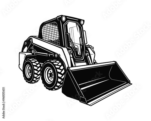 A skid steer loader in black and white, Detailed vector illustration